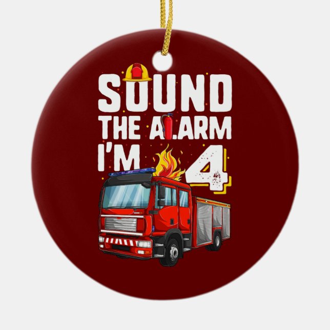 4 Years Old Firetruck Birthday Toddler Ceramic Ornament (Front)