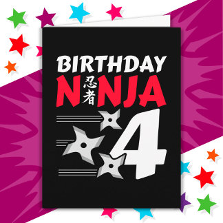 4 Years Old Ninja Party Stars Kids 4th Birthday Card