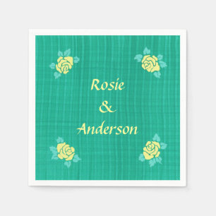 4 Yellow Roses on Green Teal Plaid Napkins