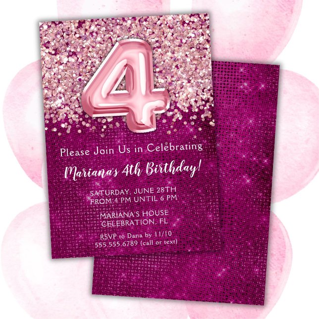 4e anniversaire Invitation Girl Magenta Parties sc (Créateur téléchargé)