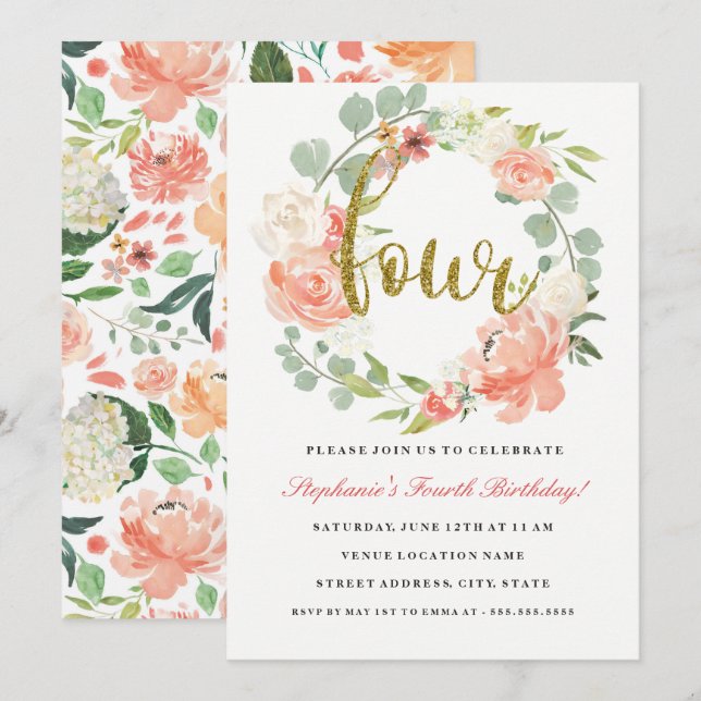 4e anniversaire Pink Gold Floral Wreath Invitation (Devant / Derrière)
