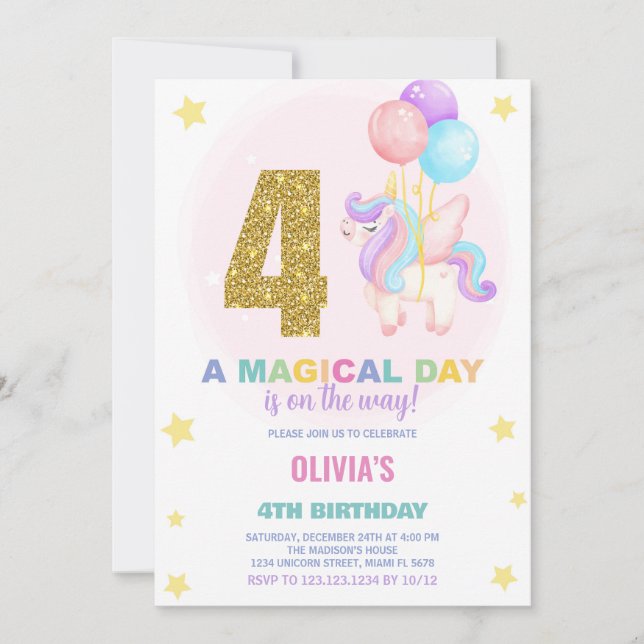 4e anniversaire Unicorn Invitations anniversaire (Devant)