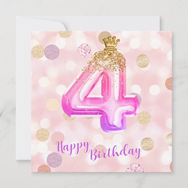 4e carte fille d'anniversaire rose violet or (Devant)