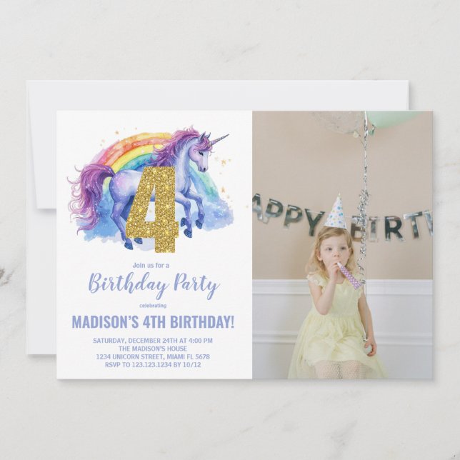 4e Rainbow Unicorn Birthday Invitations photo (Devant)