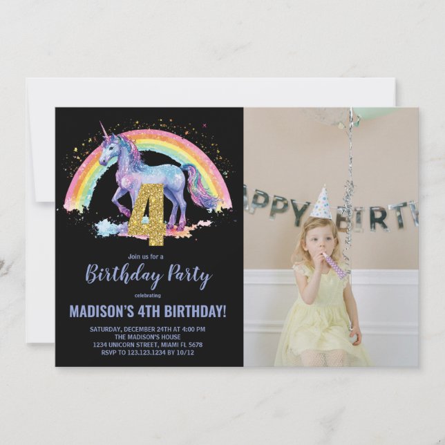 4e Rainbow Unicorn Birthday Invitations photo (Devant)
