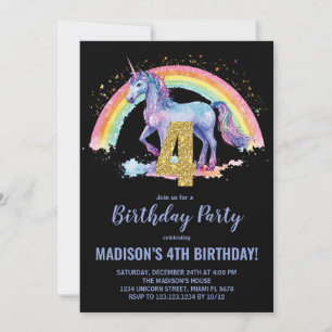 4e Rainbow Unicorn Invitations d'anniversaire