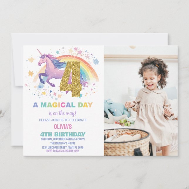 4e Unicorn Invitations d'anniversaire avec photo (Devant)