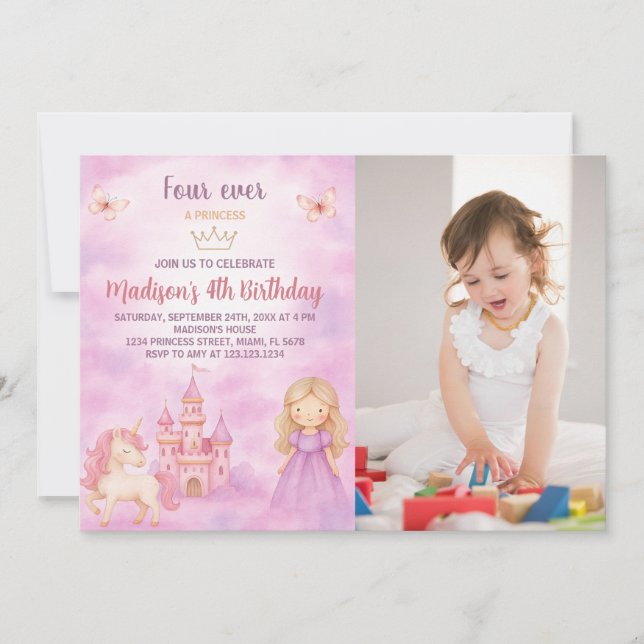 4ème Princesse Anniversaire Invitation avec photo (Devant)
