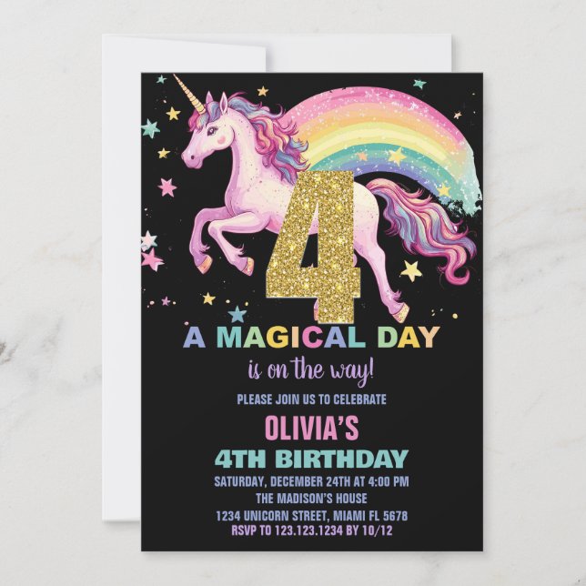 4ème Unicorn Invitations Anniversaire Noir (Devant)