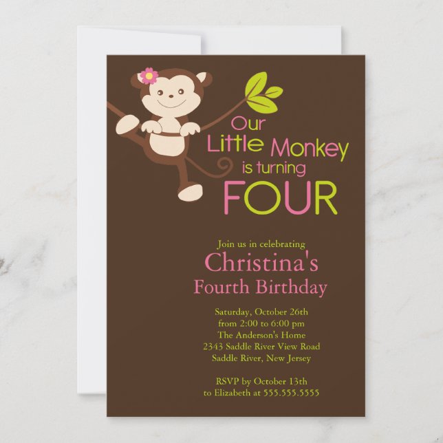 4èmes invitations de fête d'anniversaire de singe (Devant)