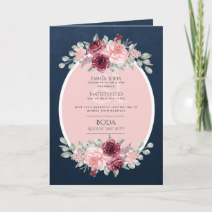 4pg Espagnol BODA Invitation Marine Bleu rose Bour