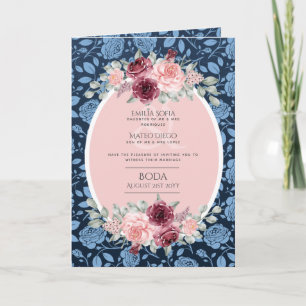 4pg Espagnol BODA Invitation Marine Bleu rose Bour