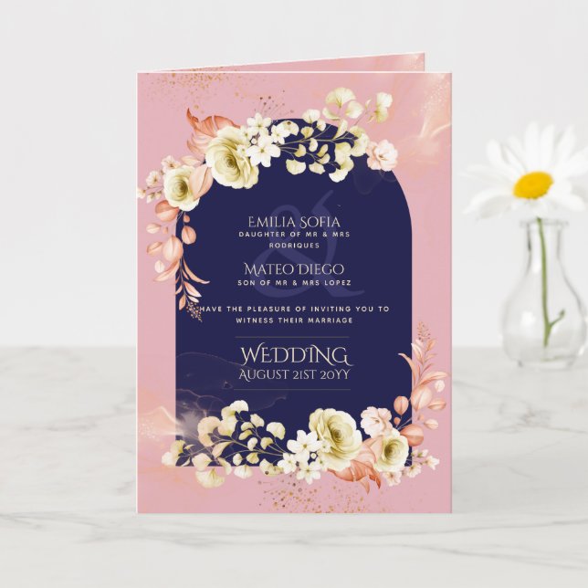 4pg Navy Dusty Rose Floral Wedding InviteProgram C Card (Small Plant)