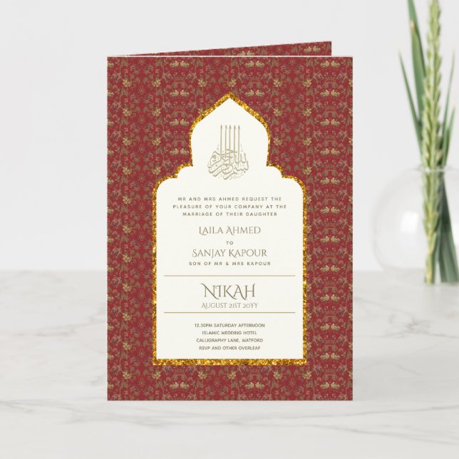 4Pg NIKAH WALIMA Invitation Red Gold Ornate islami (Devant)