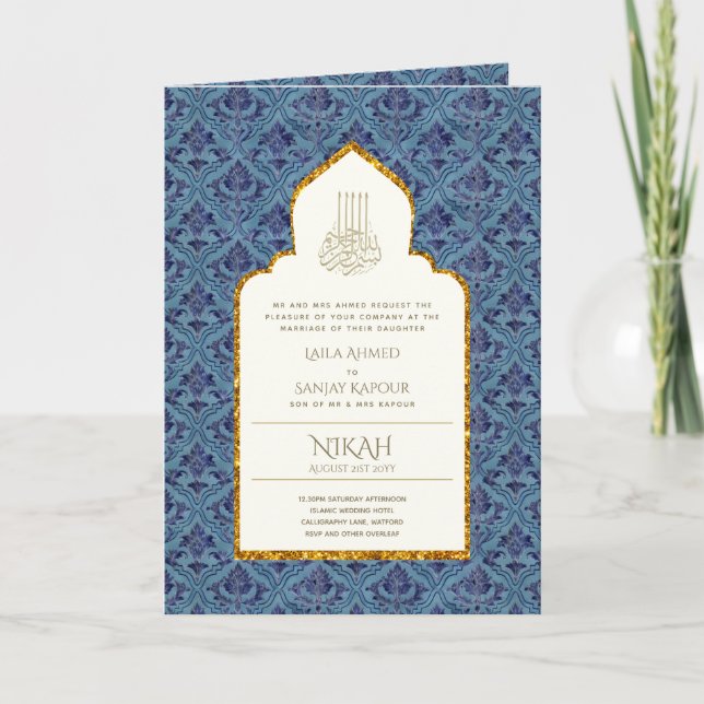 4Pg NIKAH WALIMA Invite Blue Ornate Islamic (Front)