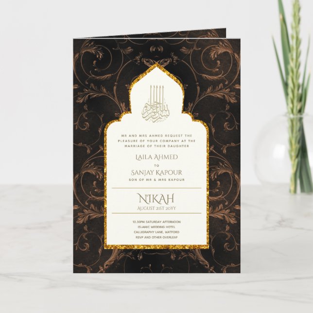 4Pg NIKAH WALIMA Invite Gold Ornate Islamic (Front)