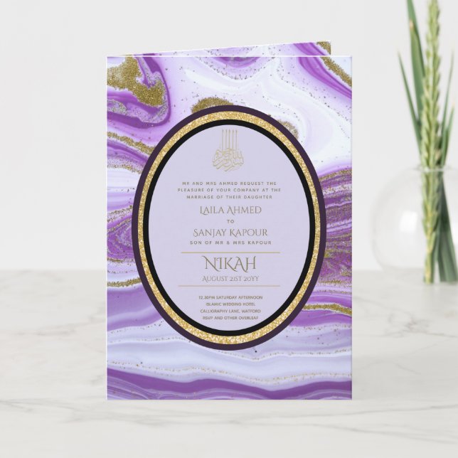4Pg NIKAH WALIMA Purple Gold Marble Agate Glitter Card (Front)