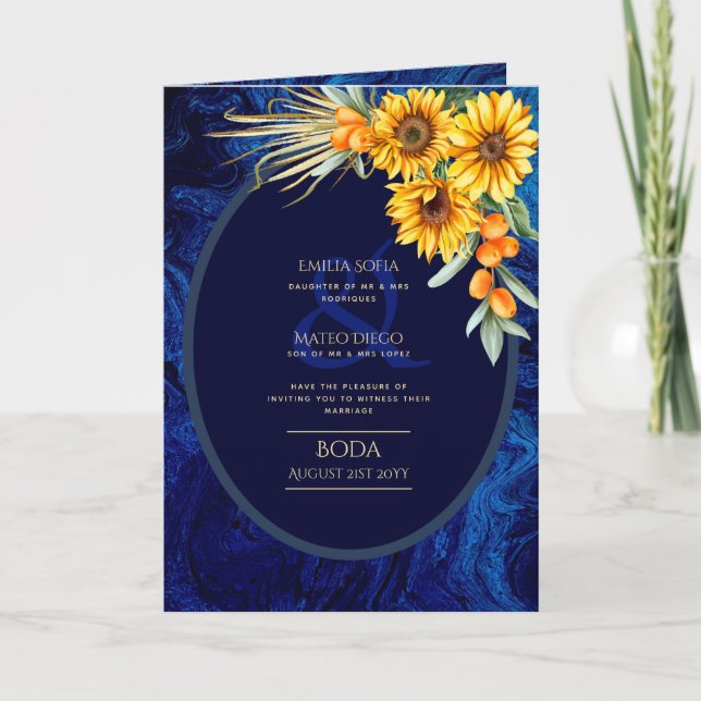 4pg Spanish BODA invitations, Blue Sunflowers  Car Card (Front)