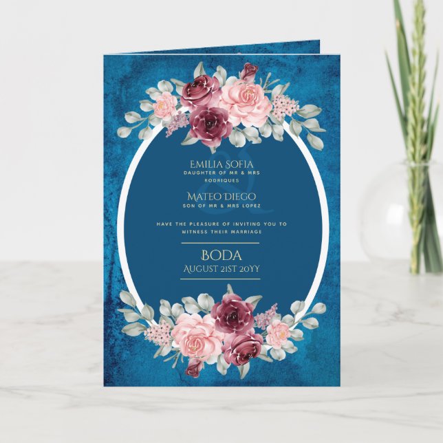 4pg Spanish BODA Invitations Teal Blue Burgundy (Front)