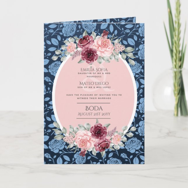 4pg Spanish BODA Invite Navy Blue Pink Burgundy (Front)