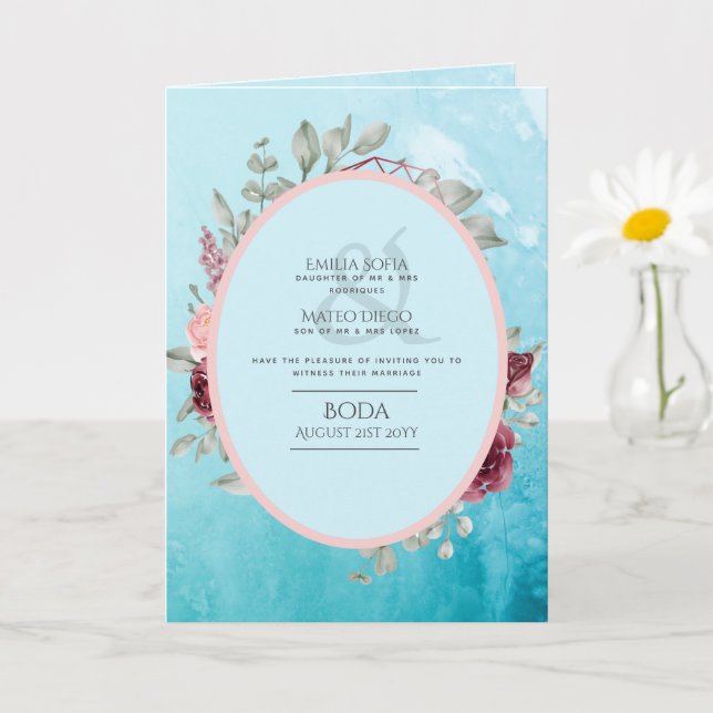 4pg Spanish BODA Invite Teal Aqua Blue Burgundy (Small Plant)