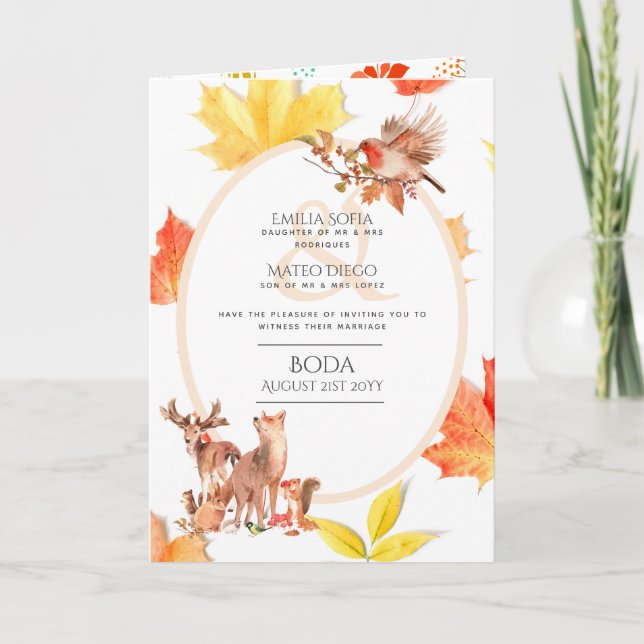 4pg Spanish BODA Invite Woodland Animals Fall (Front)