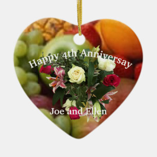 4th Anniversary, Fruit and Flowers, Heart Ceramic Ornament