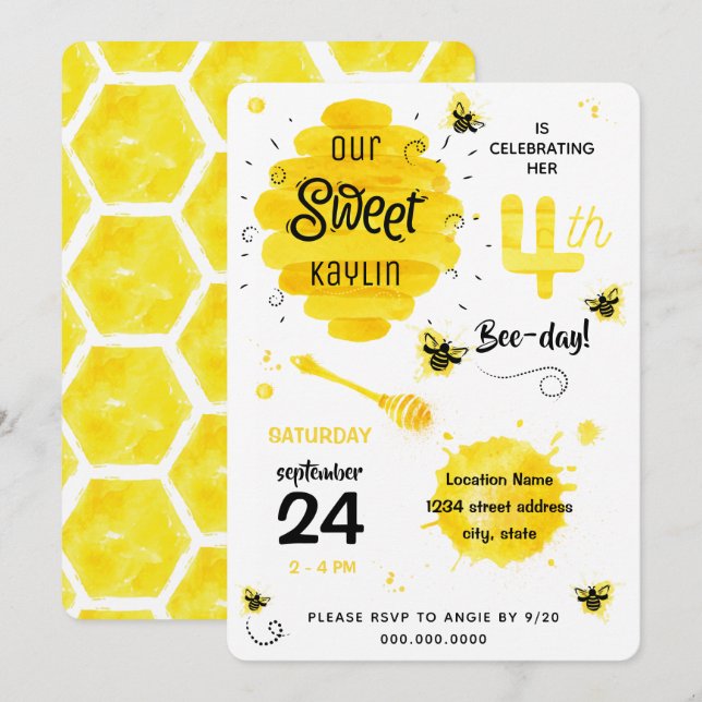 4th BEEday Honey Bee Yellow Fourth Birthday Party Invitation (Front/Back)