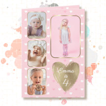 4th Birthday 4 Picture Collage Gold Pink Hearts