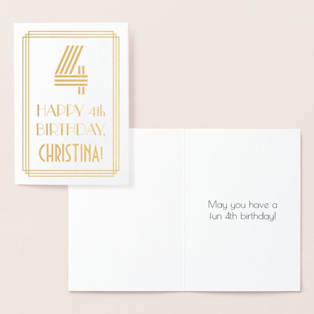 4th Birthday - Art Deco Inspired Look "4" & Name Foil Card (Display)