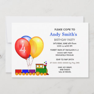4th Birthday Balloons a Train Party Invitation