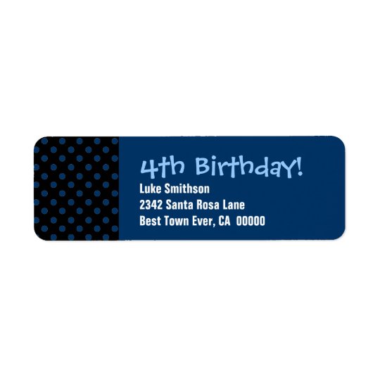 4th Birthday Black and Blue Polka Dots Return Address Label