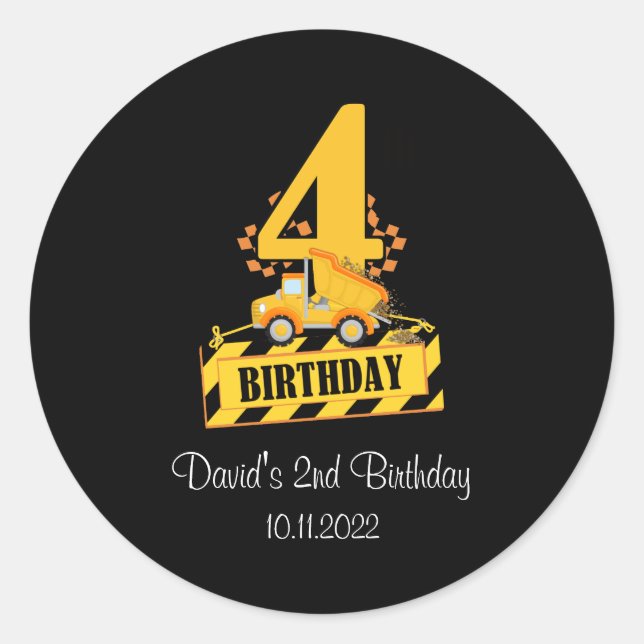 4th Birthday Black and Yellow Construction Truck  Classic Round Sticker (Front)