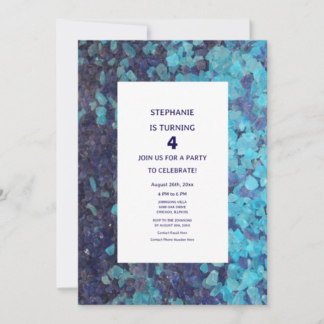 4th Birthday Blue Gemstone Agate Custom Age Invitation (Front)