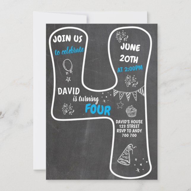 4th Birthday Boy Chalkboard Blue Number Invitation (Front)