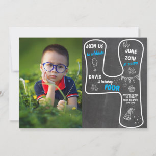 4th Birthday Boy Chalkboard with Photo Blue Number Invitation