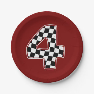 4th Birthday Checkered Number 4 Car Racing Flag  Paper Plate