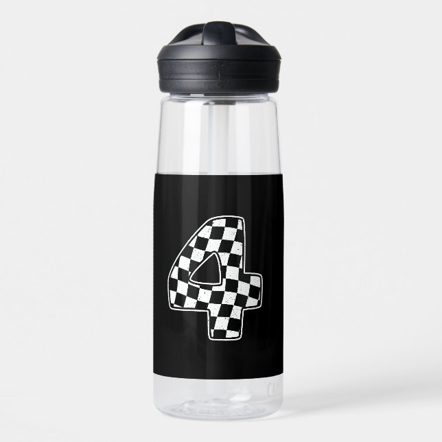 4th Birthday Chequered Number 4 Car Racing Flag  Water Bottle (Front)