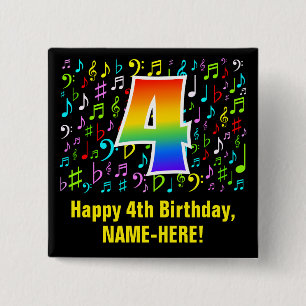 4th Birthday: Colorful Music Symbols, Rainbow 4 2 Inch Square Button