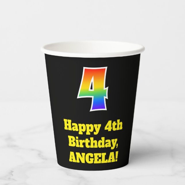 4th Birthday: Colourful, Fun, Exciting, Rainbow 4 Paper Cups (Back)