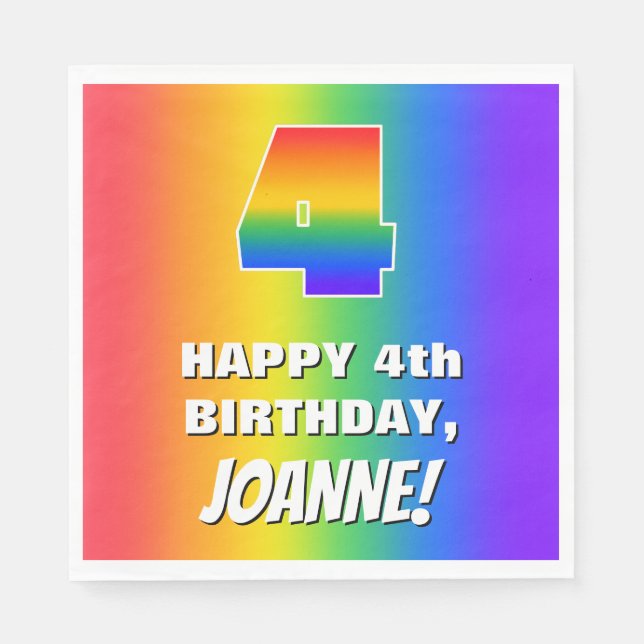 4th Birthday: Colourful, Fun Rainbow Pattern # 4 Napkin (Front)