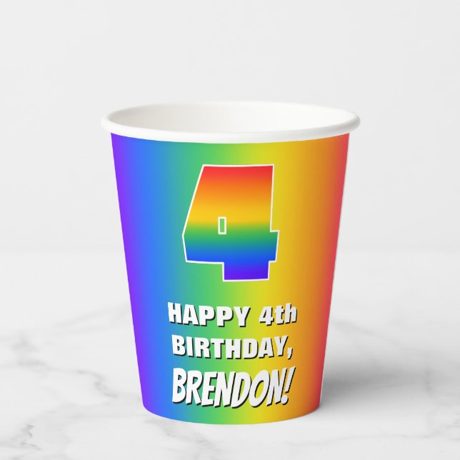 4th Birthday: Colourful, Fun Rainbow Pattern # 4 Paper Cups (Back)