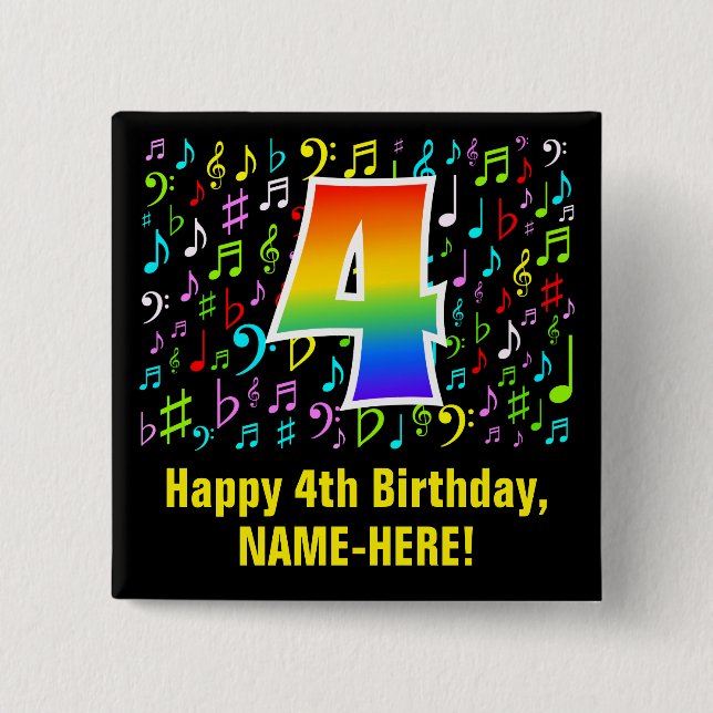4th Birthday: Colourful Music Symbols, Rainbow 4 2 Inch Square Button (Front)