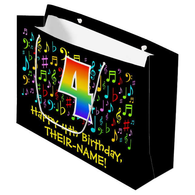 4th Birthday - Colourful Music Symbols, Rainbow 4 Large Gift Bag (Front Angled)