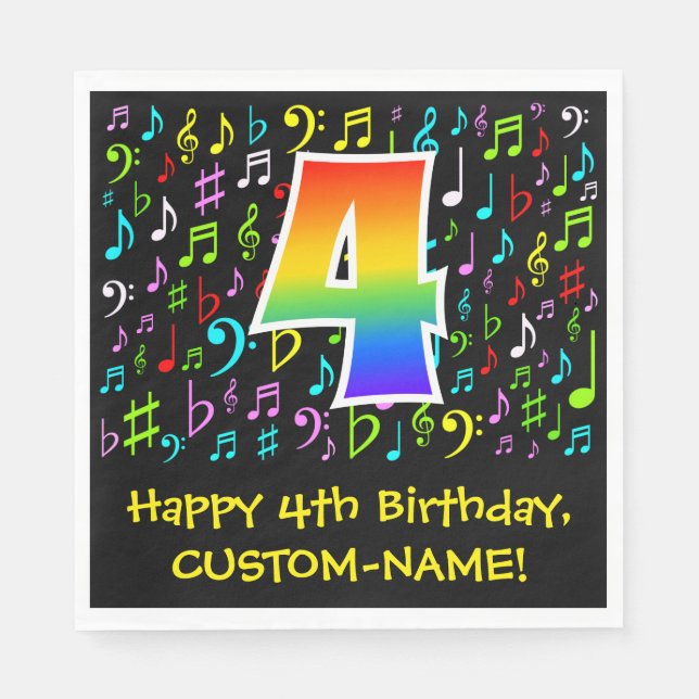 4th Birthday - Colourful Music Symbols, Rainbow 4 Napkin (Front)