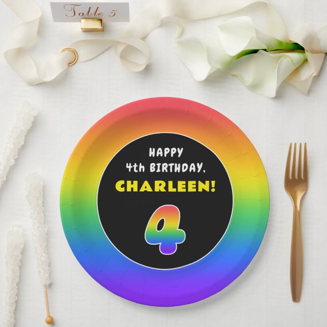 4th Birthday: Colourful Rainbow # 4, Custom Name Paper Plate (Wedding)