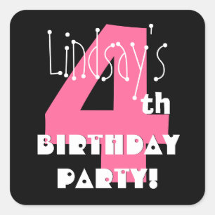 4th Birthday Custom Name Pink and Black Square Sticker