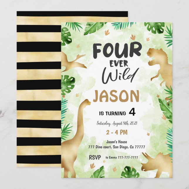 4th Birthday, Dinosaur Birthday  Invitation (Front/Back)