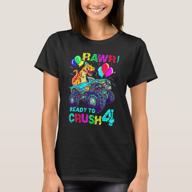 4th Birthday Dinosaur Monster Truck Rawr Four Kids T-Shirt (Front)