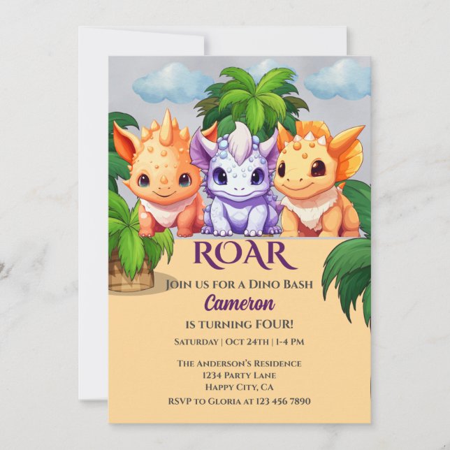 4th birthday Dinosaur Party  a Dino Bash Invitation (Front)